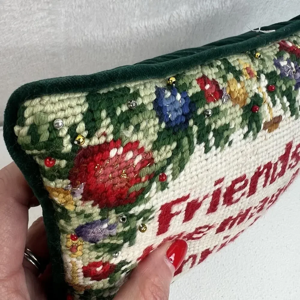 Vtg Merry Christmas Needlepoint Pillow Holiday Decor Green Velvet Bead‎ Detail